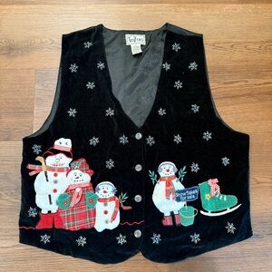 Vintage Tantrums Black Vest with Snowman Embroidery ugly Christmas sweater vest